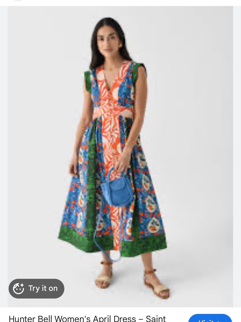 HUNTER BELL Orange, Blue & Green Patterned V-Neck Midi Dress
